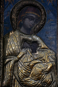 St. Savos (Savvas) 's church iconostasis relief. Mary breast feeding Jesus. Nicosia. Cyprus.