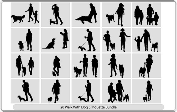 PrintPeople Walking With Dogs. Black And White Vector Illustration.