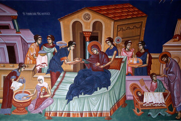 Kykkos monastery, Cyprus. Fresco. Saint Ann giving birth to Mary.