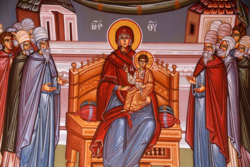 Fototapeta premium Kykkos monastery, Cyprus. Fresco. Virgin and child surrounded by orators.
