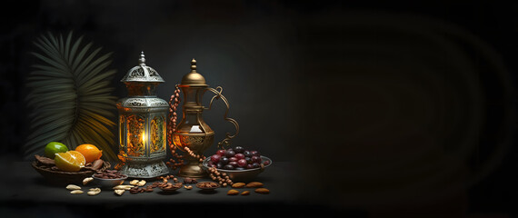 Arabic lantern of ramadan celebration background illustration, copy space banner, traditional teapot with Dried Date fruits in the bowl