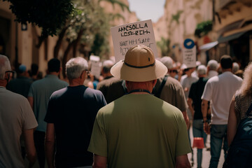 Crowd protest in Israel against the current government with placards of the country of Israel, the conflict with Palestine, a peaceful march of citizens for freedom and democracy. Generative AI