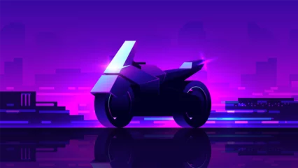 Rolgordijnen Dark silhouette of futuristic cyberpunk motorcycle on abstract night city background. © Dmytro