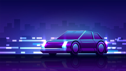 Fototapeta na wymiar A hatchback car rides on the road side view. Nightlife horizontal illustration.