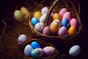 Easter eggs in a wicker basket. AI generated