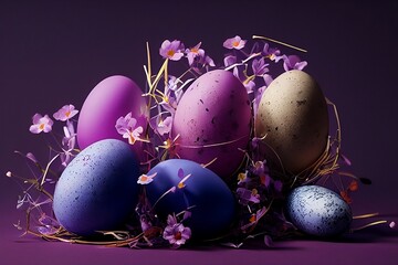 Delicate Easter eggs are adorned with soft speckles and wrapped in pretty purple flowers. AI generated.