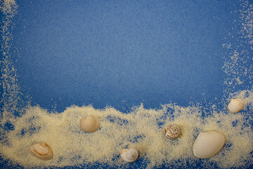 frame made of sand, shells and snail shells on a blue background on which to write or present something