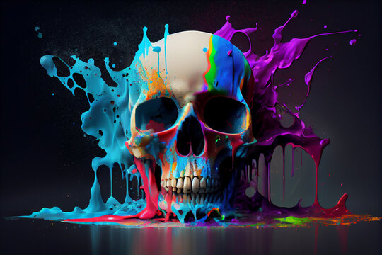 Beautiful photo Human skull splashed in colorful paint. Generative AI technology.