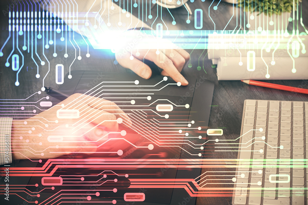Poster Multi exposure of man's hands holding and using a digital device and data theme drawing. Innovation concept.
