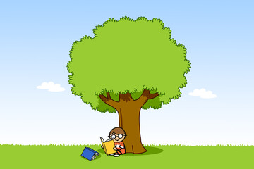 Child sitting under tree in garden reading book in summer
