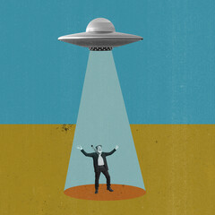 Creative design in retro style. Contemporary art collage. UFO flying over senior man, professor....