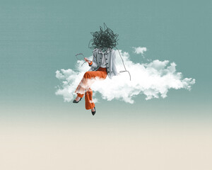 Creative design in retro style. Contemporary art collage. Woman sitting on fluffy cloud with...