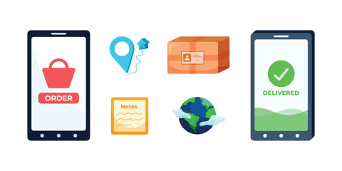 Order shopping online,delivery service process , Receive orders at the pick-up point,parcel box,paper notes,earth,Confirm online orders via phone application.Simple set of online shop market vector.