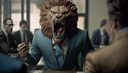 Lion Business worker or lawyer. Metaphor for all powerful boss or lawyer or employer. Demanding Agressive Angry Boss. Power. Generative AI.