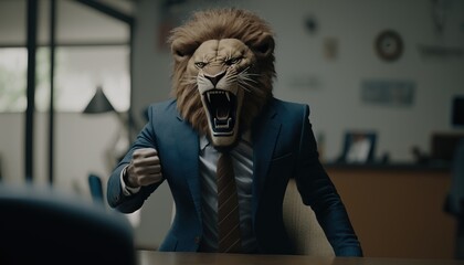 Lion Business worker or lawyer. Metaphor for all powerful boss or lawyer or employer. Demanding Agressive Angry Boss. Power. Generative AI.