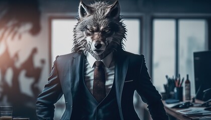 Big Bad Wolf Business worker. Metaphor for all powerful mean businessman, lawyer. Demanding Agressive Angry Boss. Power. Generative AI.