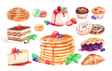 Hand painted watercolor illustration collection of Desserts on white background