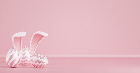 Easter. Rabbit ears and eggs on a pink background.Monochrome minimal 3d rendering
