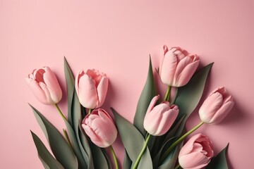 Beautiful composition spring flowers. Tulip Flowers on flat Lay with Copy Space for Text for Women's Day, Valentine's Day & Mother's Day. Generative AI.