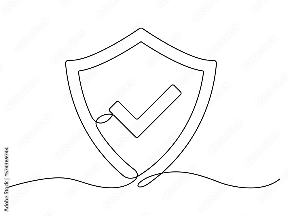 Poster shield with checkmark continuous line art. protect linear symbol. guard hand drawing sign. vector is
