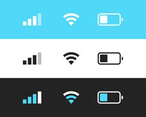 Indicators icons set. Network,internet,wi-fi,connection, battery, charge level, connection, blue, white, black background, set, operating system, smartphone, design. Concept design.Vector illustration