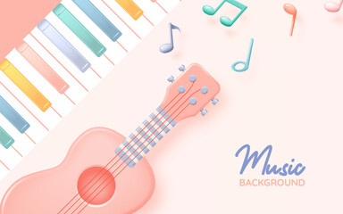 Guitar or Ukulele with Music notes, song, melody or tune 3d realistic vector
