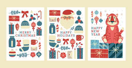 Collection of different Christmas and New Year cards.Card template with toys, floral elements, gifts, candy, mistletoe, pine branch and Tiger symbol 2022 year. Celebration Happy New Year 2022.