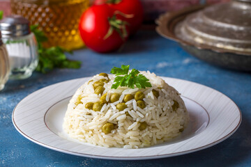Traditional delicious Turkish foods; pea rice (Turkish name; Bezelyeli pilav)