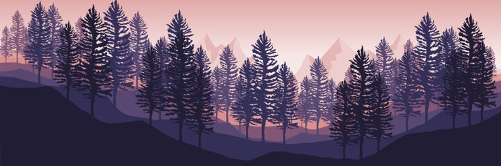 sunrise morning mountain with pine tree silhouette flat design vector banner template good for web banner, ads banner, tourism banner, wallpaper, background template, and adventure design backdrop