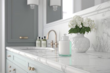 Fototapeta premium Empty Marble Countertop Backdrop with Blurred Bathroom Background (Created with Generative AI)