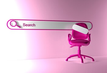 Searching for a new job opportunity. Office chair with blank search bar. Recruitment concept. We are hiring. 3D Rendering. Blank sign on an empty chair. Hiring new job vacancy concept. 