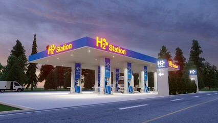 Hydrogen fuel car charging station white color visual concept design.  Power chargering station. 3d Rendering. 
