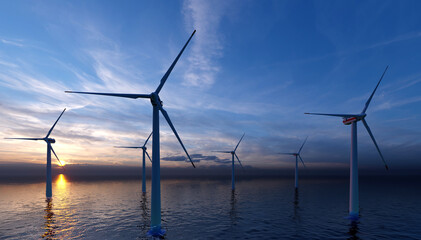 Ocean Wind Farm. Close-up Windmill farm in the ocean. Offshore wind turbines in the sea. 
