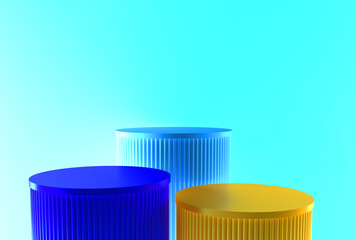 Abstract 3D room with set of steps realistic turquoise, yellow and blue color cylinder stand podium. Minimal wall scene for mockup product display. Geometric forms. Stage for showcase. 3d rendering
