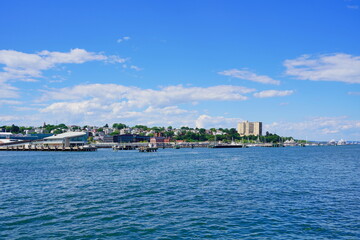 Fototapeta na wymiar Landscape of Portland harbor, fore river, and Casco Bay and islands, Portland, Maine