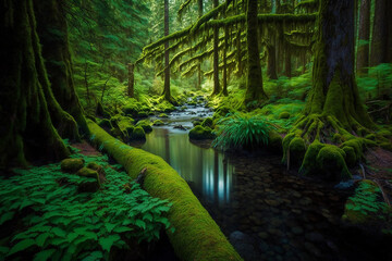 Tranquil Forest Scene with Ancient Trees and Clear Stream