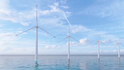 Ocean Wind Farm. Windmill farm in the ocean. Offshore wind turbines in the sea. Wind turbine from perspective view, 3d rendering.
