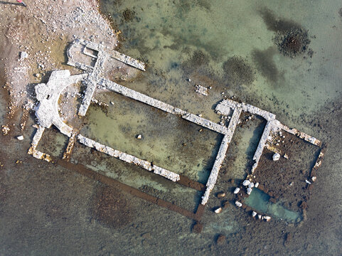 Aerial view Aziz Neophytos Basilica (After Isa 740) under Iznik lake in Bursa, Turkey.