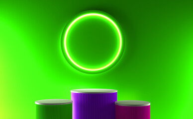 Abstract 3D room with set of steps realistic green, purple and pink color and neon cylinder stand podium. Minimal wall scene for mockup product display. Stage for showcase. 3d rendering