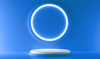 Blue realistic 3d cylinder stand podium with glowing blue neon in circle shape. Abstract 3D Rendering geometric forms. Minimal scene. Stage showcase, Mockup product display.