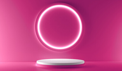 Pink realistic 3d cylinder stand podium with glowing neon in circle shape. Abstract 3D Rendering rendering geometric forms. Minimal scene. Stage showcase, Mockup product display.