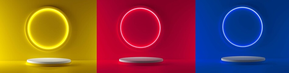 Set of blue, yellow and red realistic 3d cylinder pedestal podium with circle neon lamp background. Abstract 3d rendering geometric forms. Minimal scene. Stage showcase, Mockup product display.
