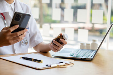 Doctor hand using mobile healthcare technology app to consult patient online remotely in software, female therapist holding smartphone