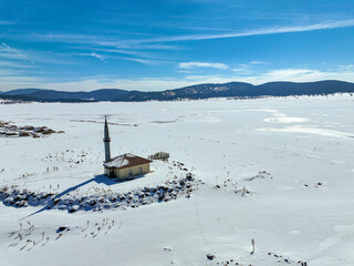 Seben lake and Seben mosque snowy winter landscape, Bolu - Turkey.
