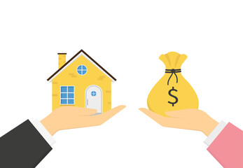 One hand gives a house to another hand with money in a cash bag. The seller sells the house to the buyer. Vector illustration in a flat style on a white background.