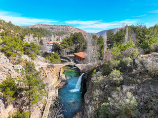 Turkey's waterfalls and rivers. Historic stone bridge and waterfall.  Clandras bridge and Clandras waterfall. Usak , Turkey