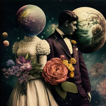Rustic vintage love portrait, flowers symbol of love and tenderness. Old fashioned creative abstract planets concept, retro couple posing for photo. Generative AI.