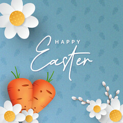 Easter carrots with Easter flowers on blue background 