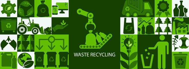 Recycling and waste management vector illustration. Green concept with icons for municipal trash collection, resources, and recycling various kinds of garbage and rubbish. Vector banner, poster, flyer