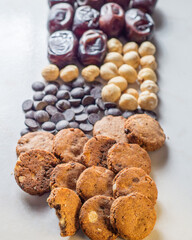 Dried fruits and nuts, homemade cookies.